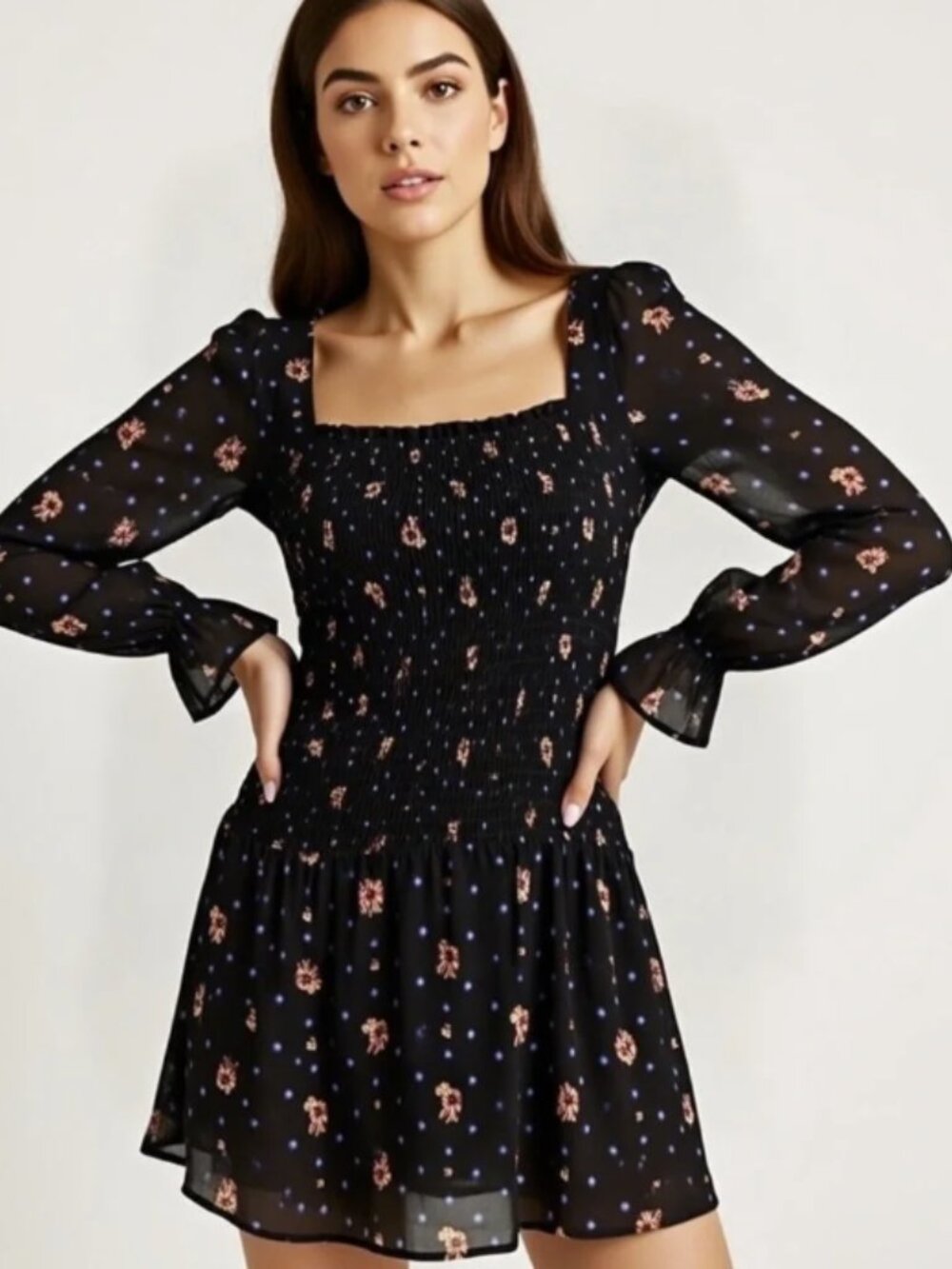 Free People two faces mini dress long sleeve black floral smocked size XS boho